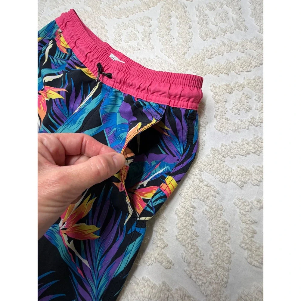 Blue Crown Tropical Bird of Paradise Swim Trunks Pink Black M Kids Beach Surf - Picture 5 of 14